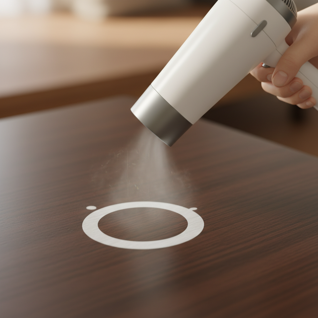 A close-up shot of a wooden table surface with a prominent white water ring stain. A person's hand, holding a hairdryer, is gently directing a stream of air towards the white ring from a safe distance. The hairdryer should be subtle, not obscuring the table surface or the stain. The focus is on the interaction of the warm air with the stain, perhaps showing a very subtle, almost imperceptible hint of the stain starting to fade or react. The background should be blurred to keep the focus on the table and the cleaning action. Realistic, well-lit professional photo with a shallow depth of field, emphasizing the delicate process.