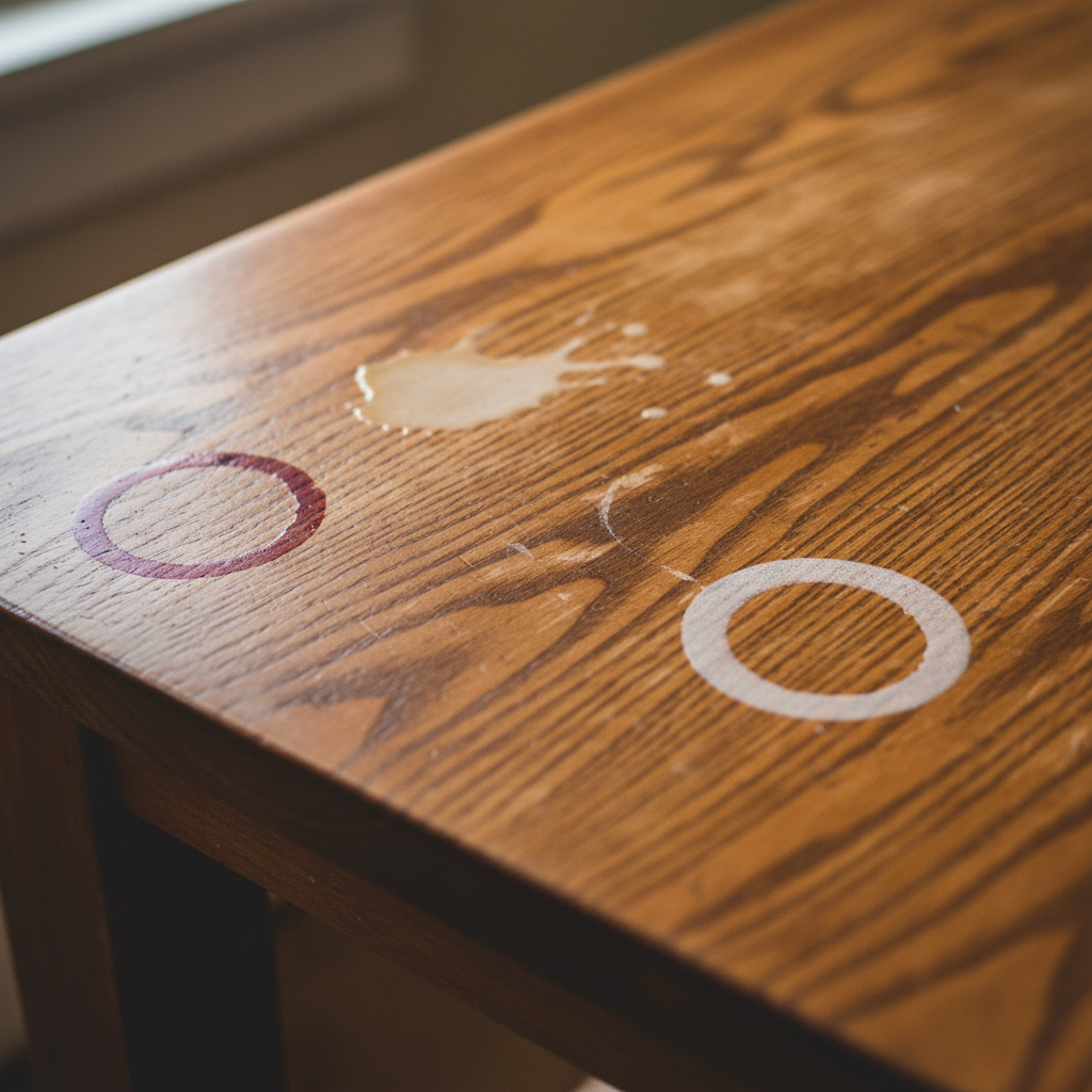 A close-up, slightly elevated shot of a beautifully crafted wooden tabletop, showcasing its natural grain and warm tones. Scattered across the surface are several distinct, common household stains: a subtle red wine ring, a light coffee spill, a small, barely visible grease spot, and a prominent white water ring from a glass. The overall image captures the lived-in beauty of the wood, highlighting the challenges of keeping it pristine before cleaning. Style: High-quality, professional still life photography with soft, natural lighting and a shallow depth of field, focusing sharply on the table surface.