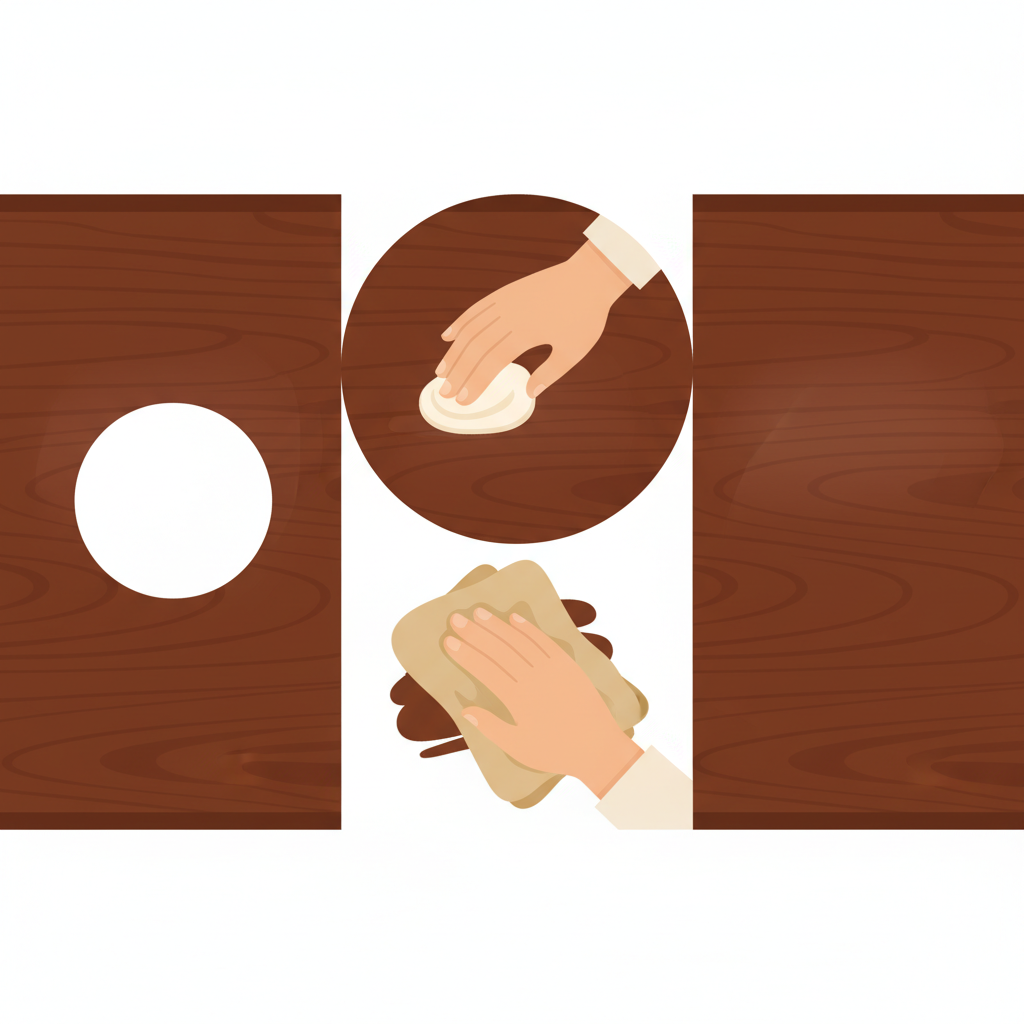 An infographic-style illustration depicting the effective removal of a white water ring from a wooden table. The image shows a side-by-side comparison: on the left, a dark wooden surface with a distinct, circular white water stain. On the right, the same wooden surface is now clean and restored to its original luster. In the central area, a small, focused action shows a hand gently applying a creamy substance onto the former stain location, followed by a soft cloth wiping it away, symbolizing a step in the cleaning process. Style: Clean, modern flat illustration with a clear, sequential visual narrative. Use a warm, natural color palette for the wood and contrasting colors for the stain and cleaning elements.