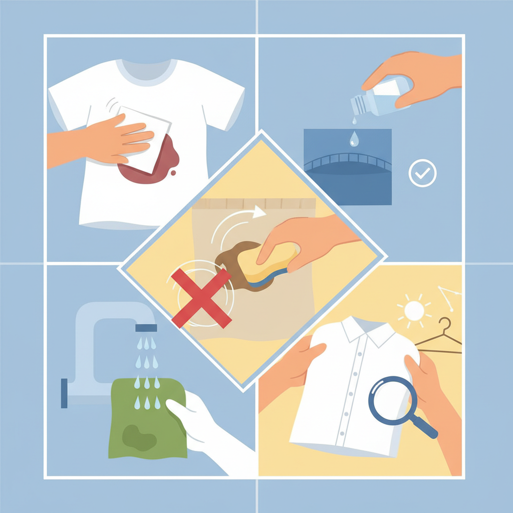 A bright, flat illustration depicting essential stain removal tips. The image is split into several clear sections. One section shows a hand gently dabbing a fresh red wine stain on a white shirt with a paper towel, emphasizing quick action. Another section shows a hand applying a small amount of liquid to an inconspicuous hem of a blue fabric for testing. A third section illustrates a hand gently dabbing a stain, with a crossed-out motion suggesting 'no rubbing'. A fourth section features a faucet dripping cold water onto a stained fabric. Finally, a meticulous hand inspects a cleaned garment before drying. The overall style is modern and clean, with clear visual separation.