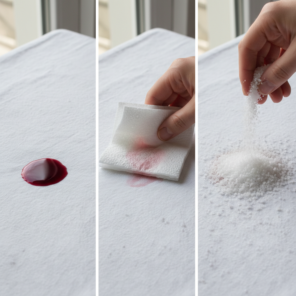 A professional, close-up lifestyle photo illustrating the immediate treatment of a red wine stain on a white fabric. The initial scene shows a small, vibrant red wine spill on a crisp white shirt or tablecloth. Subsequent visual elements within the same composition or as a sequence show a hand gently blotting the liquid with a clean white paper towel, followed by a light sprinkling of white granular substance, like salt or baking soda, directly onto the remaining wet stain. The focus is on the action and the contrast between the red wine and the white fabric, conveying urgency and effective first aid. The lighting is bright and natural.
