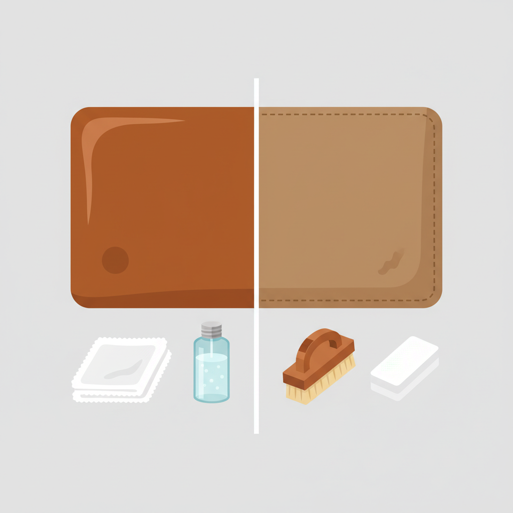 A clean, modern infographic-style illustration depicting a split composition. On the left side, a pristine section of smooth, shiny brown leather (like a sofa cushion or handbag) with a tiny, subtle water spot. Adjacent to it are a soft, white microfiber cloth and a small, clear bottle of gentle liquid cleaner. On the right side, a contrasting section of textured, matte suede leather (like a boot patch or jacket sleeve) with a similar small, dry scuff mark. Next to it, a fine-bristle suede brush and a small, white suede eraser. The image should clearly differentiate the leather types and their appropriate cleaning tools.
