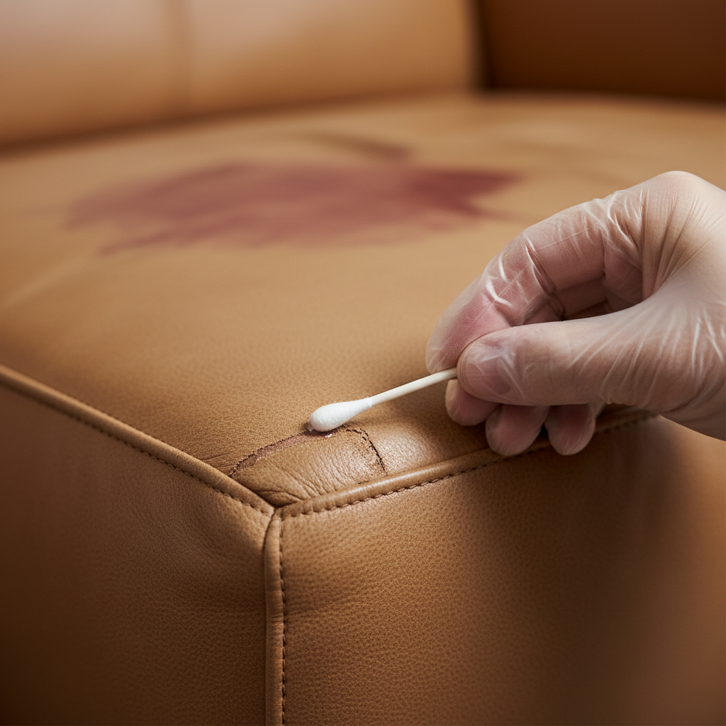 A professional, close-up photograph with a shallow depth of field, focusing on a hand carefully applying a cleaning solution. The hand, possibly wearing a disposable glove, is using a cotton swab or the corner of a soft white cloth to dab a tiny, almost invisible amount of clear liquid onto an inconspicuous area of a light brown leather item. This area could be the underside of a sofa cushion or an inner seam of a leather bag. The texture of the leather should be clearly visible. In the slightly blurred background, a more prominent, distinct stain (e.g., a red wine stain) is faintly visible on another part of the same leather item, hinting at the purpose of the test.