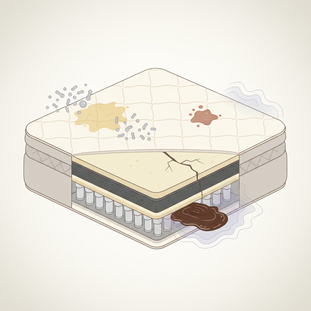 A vibrant, clean flat illustration showcasing a sectional view of a mattress. On the mattress surface, several distinct, stylized stains are visible: a yellowish sweat stain, a reddish blood spot, and a dark brown coffee spill. Around each stain, subtle, abstract visual elements represent their negative consequences: tiny, almost invisible microbe shapes for hygiene issues, a cracked line symbolizing reduced lifespan, and a subtle wave pattern indicating unpleasant odors. The overall image should convey the problems associated with an uncleaned mattress in a clear, infographic-like manner, without being grotesque.