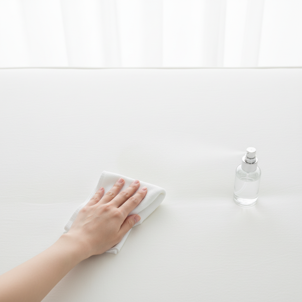 A professional, well-lit studio photo from an elevated angle, focusing on a pristine white mattress with a section of a human hand gently wiping away a faint, barely visible stain using a clean white cloth. A spray bottle with a fine mist is positioned nearby, suggesting a cleaning agent. The background is simple and bright, emphasizing cleanliness and the act of care. The overall mood should be fresh, effective, and empowering, highlighting the success of stain removal and a rejuvenated mattress.