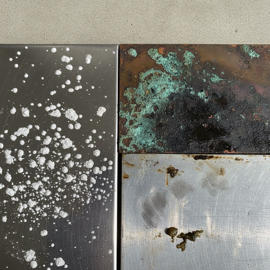 A close-up, high-definition professional photo showcasing various common metal stains. On a sleek stainless steel surface, there are distinct white hard water spots. Adjacent, a piece of tarnished copper displays green-blue verdigris and dark oxidation. Finally, a section of brushed aluminum shows smudgy, dark grease marks and fingerprints. The lighting should highlight the textures and the unappealing nature of the blemishes, setting a 'before cleaning' tone.