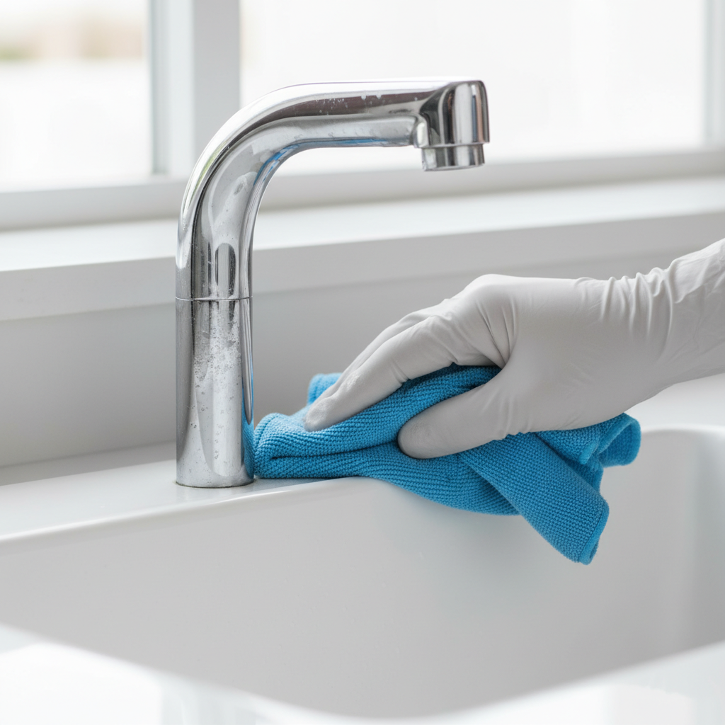 A bright, professional photo capturing the act of stain removal on a reflective metal surface. A gloved hand (wearing a light-colored protective glove) gently wipes a soft, microfiber cloth across a curved chrome faucet or stainless steel sink. The left side of the frame shows the metal dull and spotted with white water streaks. The right side, where the cloth has just passed, gleams brilliantly, completely free of imperfections, demonstrating an effective cleaning process.