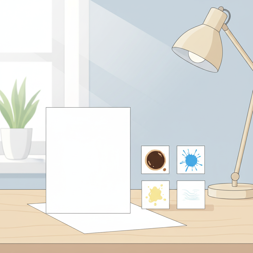 A vibrant, clean piece of white paper laid flat next to several smaller pieces of paper, each prominently displaying a different type of common stain. One piece has a dark coffee ring, another a vivid blue ink blot, a third a translucent grease spot, and a fourth a subtle, wavy water mark. The composition is bright and hopeful, with a clean, minimalist workspace background, suggesting the potential for restoration and care. Style: Flat illustration with a crisp, modern, and friendly aesthetic.