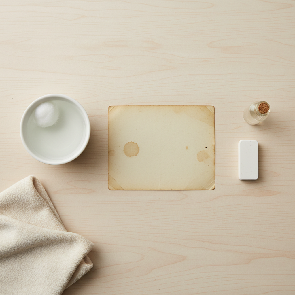 An overhead, well-lit view of a clean, light-colored wooden desk surface, showcasing an open, slightly stained vintage document or photograph at its center. Arranged thoughtfully around the document are essential cleaning tools: a small ceramic bowl holding clear water with a soft cotton ball, a neatly folded light-colored microfiber cloth, a specialized white art eraser (without branding), and a small, generic glass bottle containing a clear liquid, symbolizing a mild cleaner. The scene emphasizes carefulness and precision, with soft, even lighting. Style: Professional, bright studio photography with a sharp focus on the tools and document.