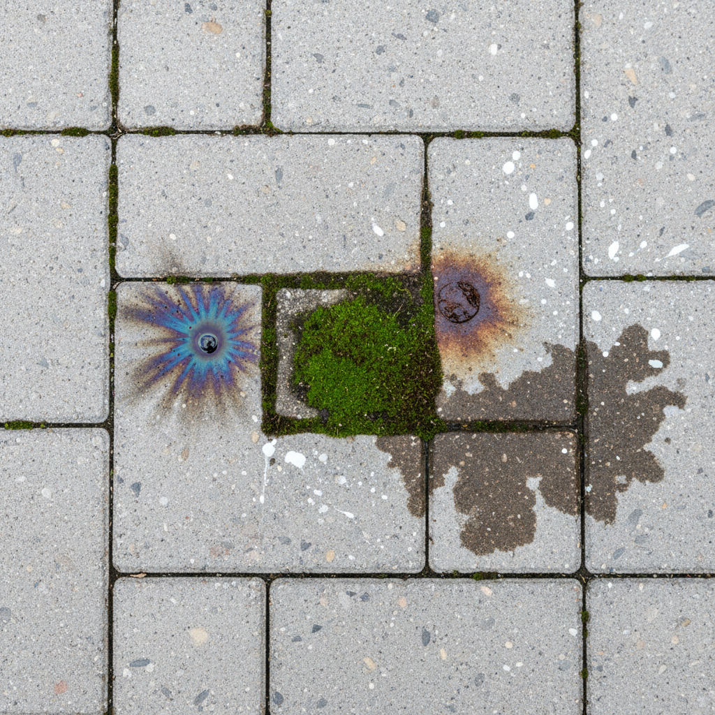 A detailed, high-angle professional photo showcasing a section of light grey interlocking paving stones. Various distinct stains are visible on the different stones: a dark, iridescent oil spill from a car, a vibrant green patch of moss and algae spreading across one stone, a reddish-brown rust stain emanating from a metal object's footprint, a small white paint splatter, and dark, tannin-like discoloration from fallen leaves. The overall impression is a common patio or driveway surface showing signs of various types of organic and chemical damage. The lighting should be bright and natural, highlighting the textures of the stones and the contrast of the stains.