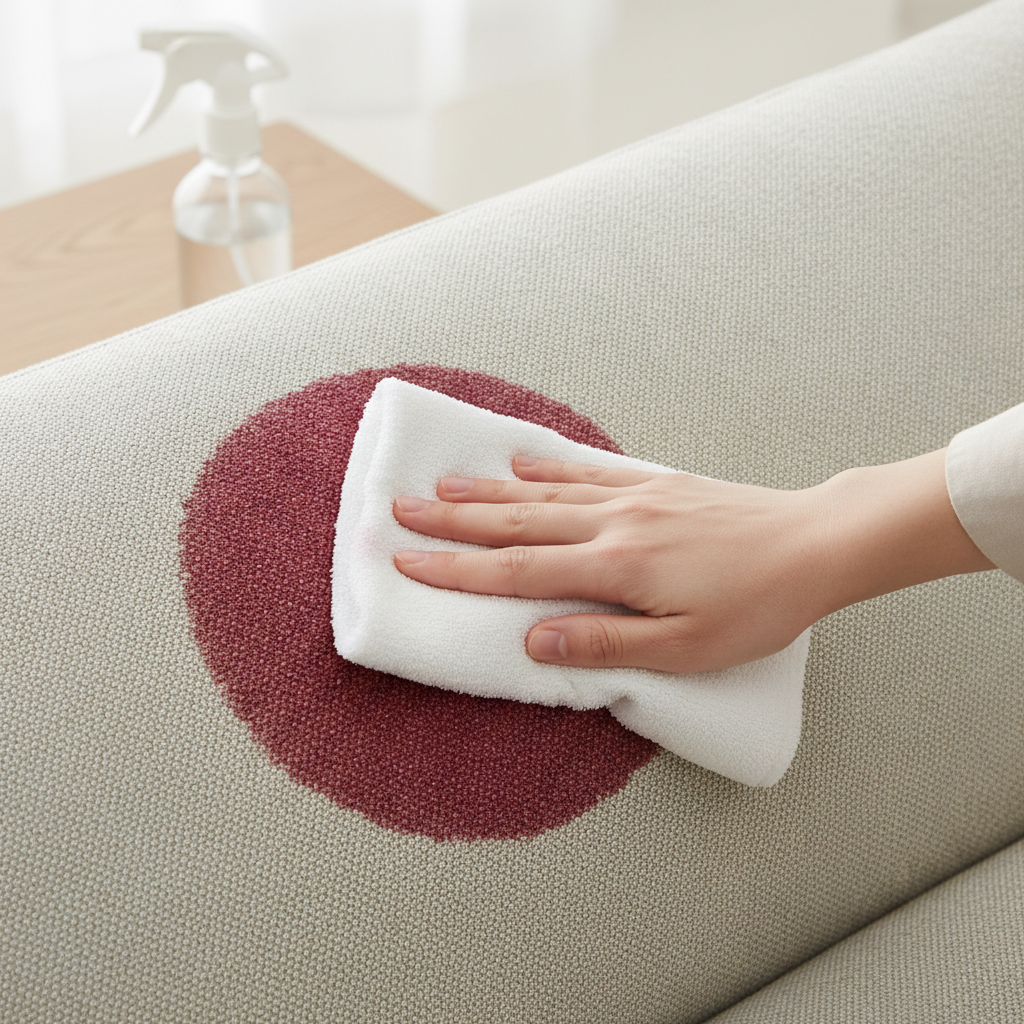 A professional, brightly lit photo focusing on a close-up section of a modern, light-colored fabric sofa cushion. One half of the cushion clearly displays a noticeable, fresh red wine stain, demonstrating the 'before.' The other half of the cushion is immaculately clean and pristine, representing the 'after.' A gentle hand is seen dabbing the stained area with a clean white microfiber cloth, while a generic, minimalist cleaning spray bottle is subtly blurred in the background, emphasizing the cleaning process. The scene should convey cleanliness and effectiveness.