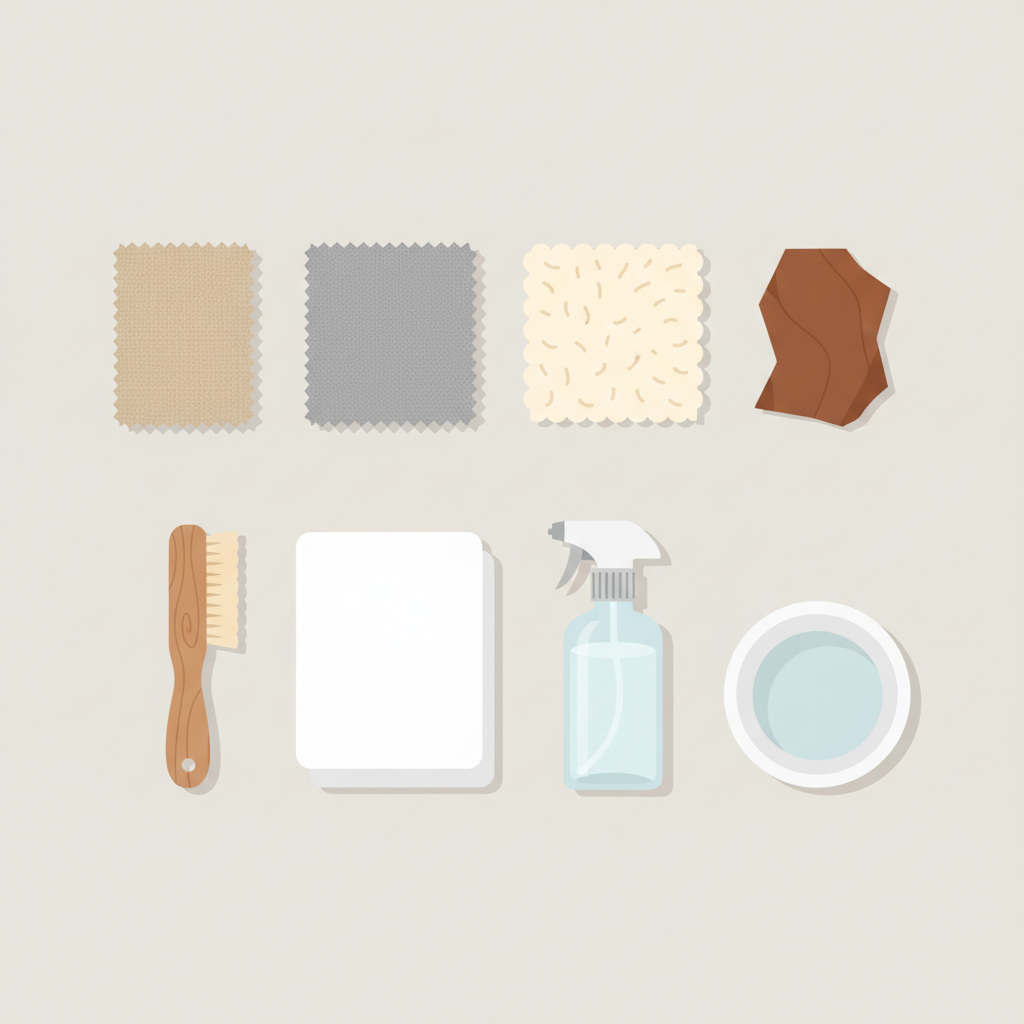 A clean and modern flat illustration showcasing a curated collection of upholstery cleaning essentials arranged on a light, neutral background. The layout features several distinct fabric swatches representing different materials: a textured beige cotton, a smooth grey synthetic, a soft cream microfiber, and a small piece of brown faux leather. Neatly placed alongside these are generic cleaning tools: a soft-bristled brush, a pristine white microfiber cloth, a clear spray bottle containing an unseen liquid, and a small ceramic bowl of water. The overall impression should be organized, informative, and visually accessible for beginners.