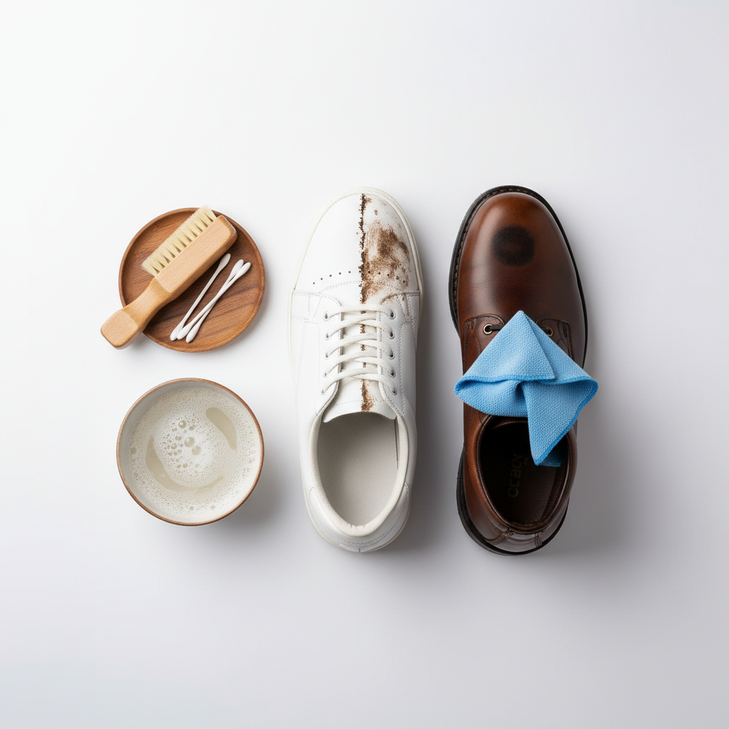 A top-down, brightly lit professional photo of various shoes undergoing a cleaning process. One white sneaker shows a distinct mud stain on one side, while the other side is visibly clean and pristine. Next to it, a dark leather boot has a grease stain being gently wiped away with a clean microfiber cloth. Surrounding these shoes are essential cleaning tools: a soft-bristled brush, a small bowl of foamy water, and a few cotton swabs. The background is minimalist and clean, emphasizing the cleaning action and the transformation from dirty to spotless.