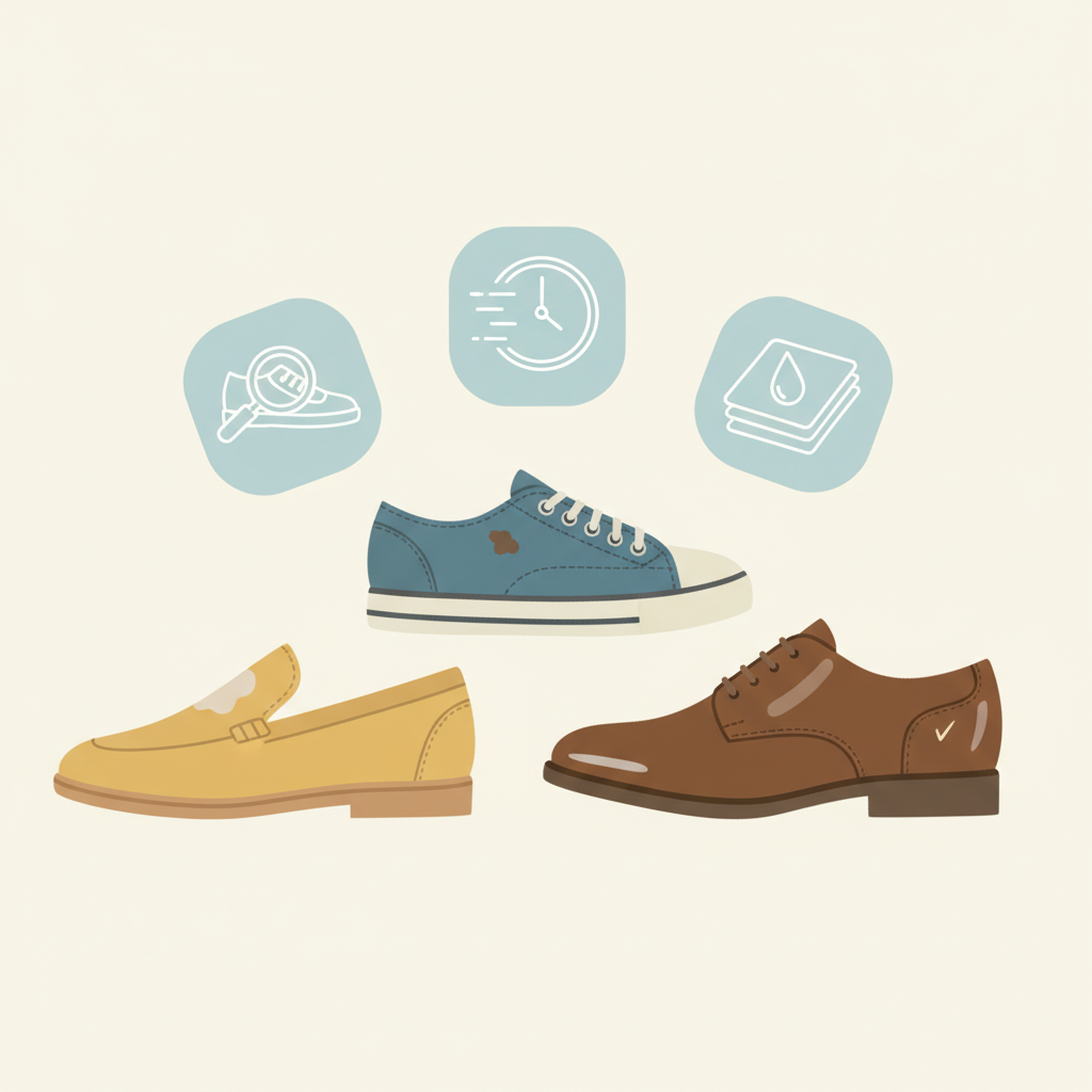 A vibrant flat illustration depicting a diverse collection of shoe materials, each with a small, subtle stain. From left to right: a beige suede loafer with a faint water spot, a blue canvas sneaker with a small dirt smudge, and a glossy brown leather oxford with a minor scuff mark. Above these shoes, three simple, universally recognizable icons float: a magnifying glass over a shoe (representing material knowledge), a fast-moving clock (symbolizing quick action), and a small water drop falling onto a piece of cloth (indicating gentle testing). The color palette is modern and friendly, conveying a sense of helpful guidance.