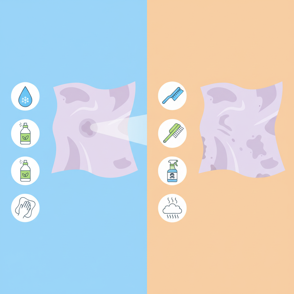 A vibrant, clean flat illustration contrasting proper and improper stain removal techniques for silk. On one side, a piece of flowing silk fabric is shown with a small, disappearing stain, accompanied by gentle icons: a droplet of cold water, a small bottle of mild, pH-neutral detergent, and a hand gently blotting with a soft cloth. On the other side, the same silk fabric appears slightly distressed or faded, with icons representing harmful actions: a scrubbing brush, a harsh chemical spray bottle, and a stream of hot steam.
