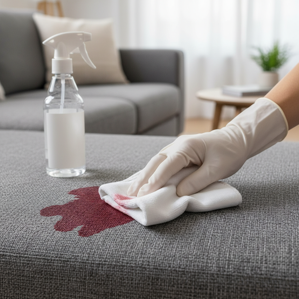 A close-up shot of a modern fabric sofa with a visible, realistic red wine stain. A hand, perhaps wearing a white glove, is gently dabbing the stain with a clean white microfibre cloth. Nearby, a generic spray bottle with a clear cleaning solution is positioned. The background subtly shows a blurred, cozy living room ambiance, suggesting a home environment. The focus is on the precise and careful action of removing the stain, highlighting the immediate intervention needed. Style: High-resolution, professional studio photography with a shallow depth of field, emphasizing the cleaning process.