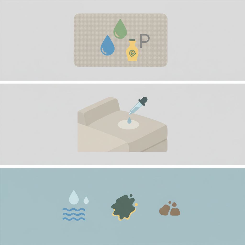 A clean, modern flat illustration depicting three key preparatory steps for sofa stain removal. One section shows a generic sofa fabric swatch with abstract symbols indicating cleaning codes (like a water droplet for 'W', a solvent bottle for 'S') without actual letters. Another section illustrates a small, inconspicuous corner of a sofa where a drop of cleaning solution is being carefully applied with an applicator, representing the 'test an unnoticeable spot' step. A third section features stylized icons representing different stain types: a liquid droplet for water-based, a greasy smudge for oil-based, and a crumb-like shape for solid stains. Style: Minimalist flat illustration with a soft color palette, suitable for an infographic.