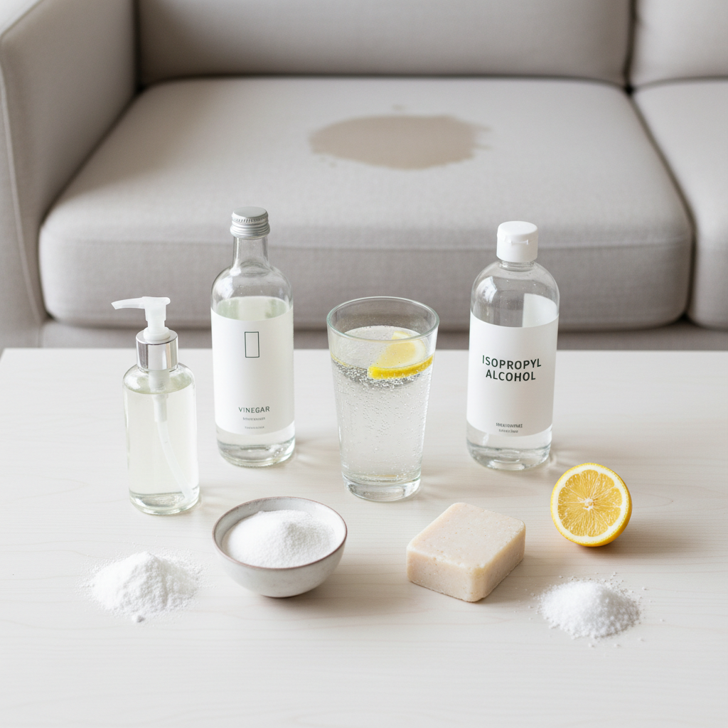 A top-down, clean flat lay image showcasing various household items neatly arranged on a light surface. Items include a clear glass of sparkling water, a small bottle of clear dish soap, a bottle of white vinegar, a small pile of baking soda, a small bowl of cornstarch, a bottle of isopropyl alcohol, a bar of gall soap, a sliced lemon, and a small pile of salt. In the background, slightly out of focus, a modern, light-colored sofa with a subtle, abstract liquid stain on one cushion is visible. Professional product photography style, bright lighting.