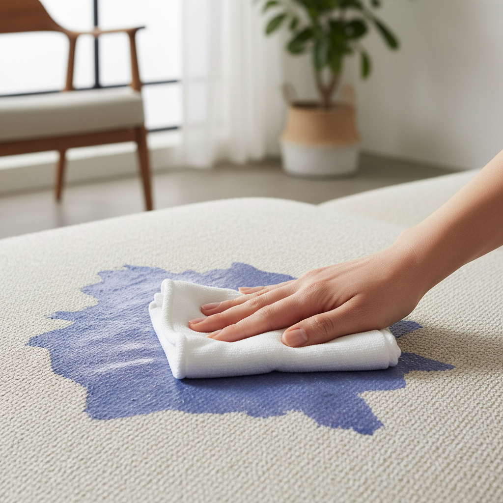 A close-up, dynamic photograph of a person's hand gently dabbing a fresh, abstract liquid stain (e.g., a spilled drink shape) on a textured, light-colored sofa cushion. The hand uses a clean, white microfibre cloth or paper towel, showing a delicate, non-rubbing motion. The focus is sharply on the stain and the cleaning action, with the rest of the sofa and a subtle background of a modern living room softly blurred. High-resolution, professional photo style, emphasizing care and effectiveness.