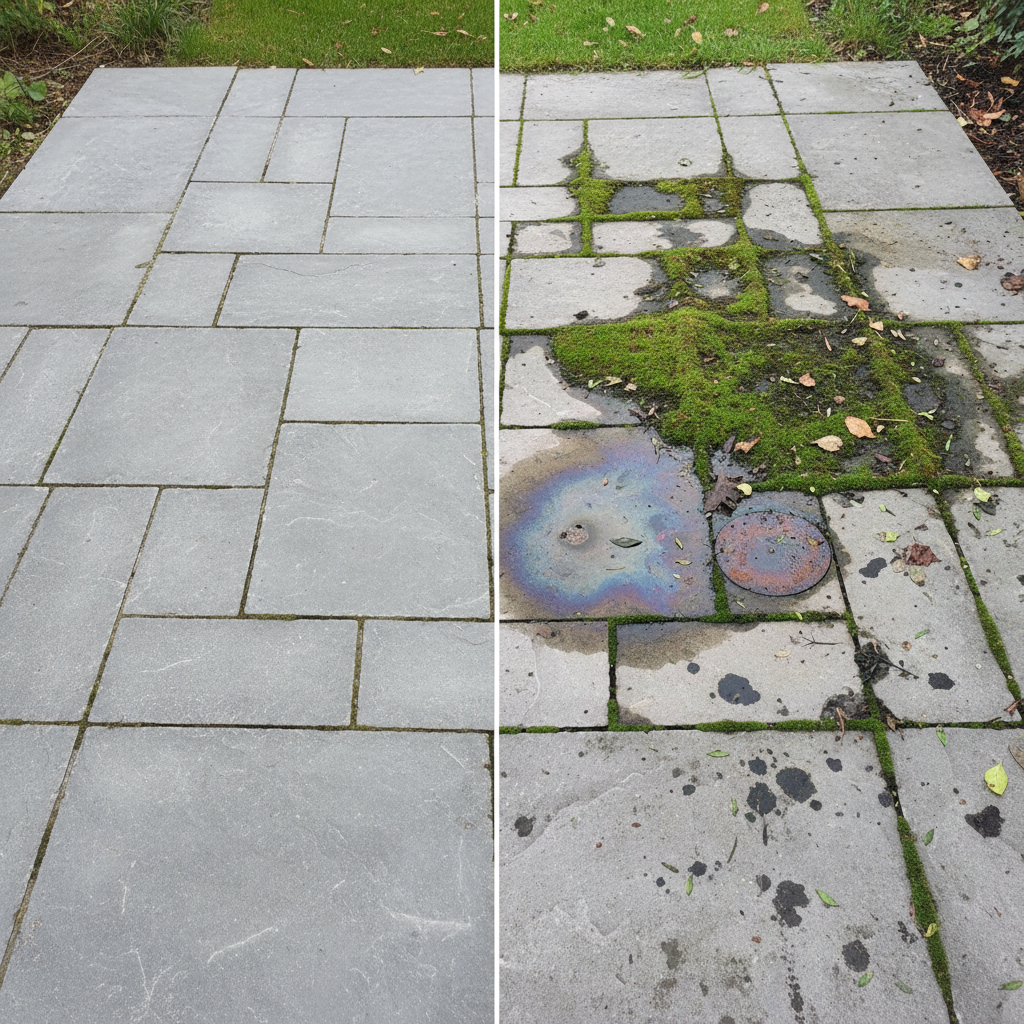 A vibrant, professional photo showcasing a clean, well-maintained stone patio contrasted sharply with an adjacent section heavily covered in various common stains. On the 'stained' side, clearly visible patches of green moss and algae cling to the grey pavers, alongside a subtle oily sheen, a reddish rust spot, and dried leaf residue. The 'clean' side should appear pristine and dry, emphasizing the potential for revitalization. The image visually encapsulates the article's core problem and desired outcome, highlighting the diversity of stone contaminants.