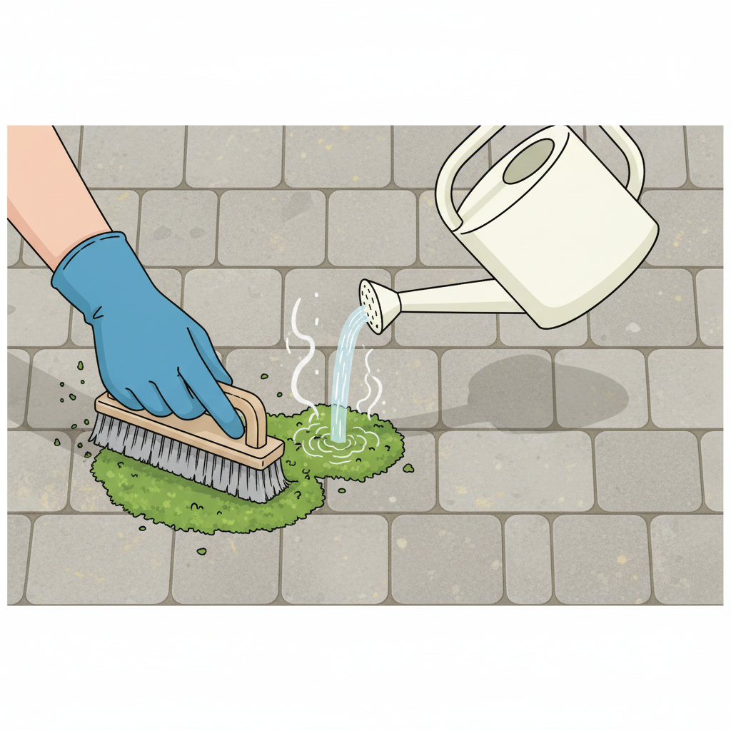 A bright, clean flat illustration depicting the step-by-step process of removing moss from outdoor paving stones. The scene shows a section of textured grey pavers. In one area, a gardener's hand, wearing a glove, is seen vigorously scrubbing green moss with a sturdy brush. Adjacent to this, a gentle stream of hot water, indicated by subtle steam effects, is being poured from a generic container onto another moss-covered patch. The overall impression is one of active, effective, and careful stone cleaning, with a focus on practical application.