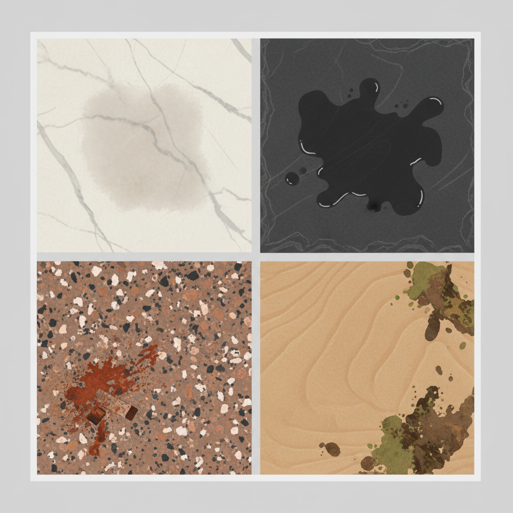 A visually appealing, clean flat illustration depicting a collage or grid of various stone tile types, each featuring a distinct common stain. One section shows a light-colored marble tile with a dull, etched acid stain. Another displays a dark slate tile with a prominent, dark oil or grease stain. A third section features a granite tile with a reddish-brown rust stain, and a final section presents a sandstone tile with a greenish-brown organic stain (like from moss or fallen leaves). The overall impression should be a diverse representation of staining issues on natural stone surfaces, highlighting the article's core problem.