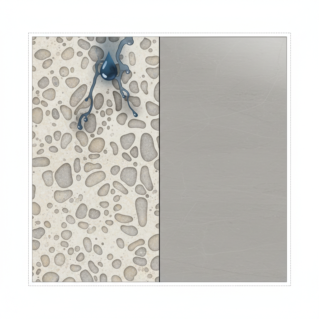 A crisp, infographic-style cross-section diagram of a natural stone tile. The diagram should clearly illustrate the tile's porous internal structure, showing a network of tiny interconnected voids. On one side, a small, dark liquid droplet (representing a staining agent like oil or colored water) is visibly absorbed into these pores, demonstrating the tile's susceptibility to staining. The other side of the tile appears dense and uniform, suggesting either a sealed surface or the inherent non-porous nature of some stone, contrasting with the vulnerable porous section. The overall illustration should be clean and educational, focusing on the material's properties.