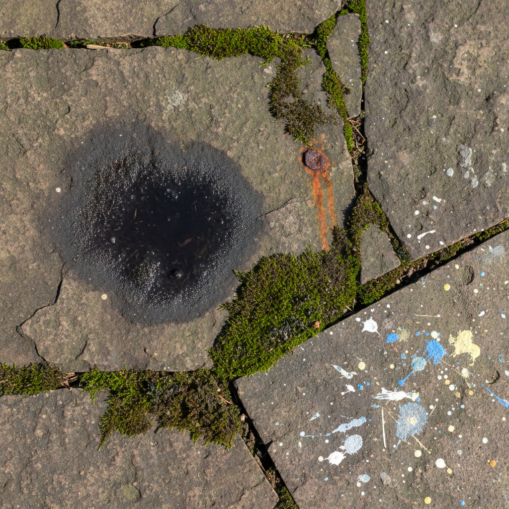 A professional, close-up photograph of several weathered stone patio slabs, featuring distinct, prominent stains. On one slab, a dark, greasy oil stain is clearly visible. Another slab shows patches of green moss and algae spreading across its surface, clinging to crevices. A third area depicts subtle, rusty orange streaks emanating from an indistinct, small metallic residue. A fourth section has a few scattered, dried paint splatters. The overall scene conveys a need for cleaning, highlighting the various common types of blemishes that detract from the patio's appearance. The lighting is natural, showcasing the texture of the stone and the visual impact of the stains.