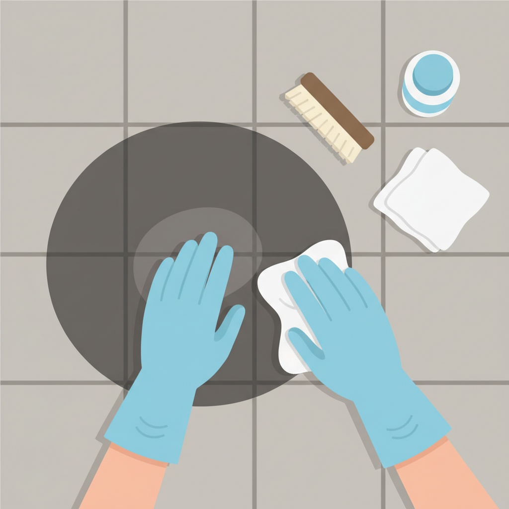 A flat, minimalist illustration from a slightly elevated perspective, depicting a section of clean stone paving contrasted with an adjacent section featuring a single, prominent, dark, circular oil stain. A pair of hands, wearing protective gloves, is carefully dabbing the stain with a generic cleaning cloth, suggesting gentle application or testing. Beside the hands, various simplified cleaning tools like a soft-bristled brush, a small, unlabeled container of liquid, and another clean cloth are neatly arranged on the stone. The illustration uses a soft, clean color palette, emphasizing the contrast between the clean stone and the stained area, and the careful, methodical approach to cleaning.