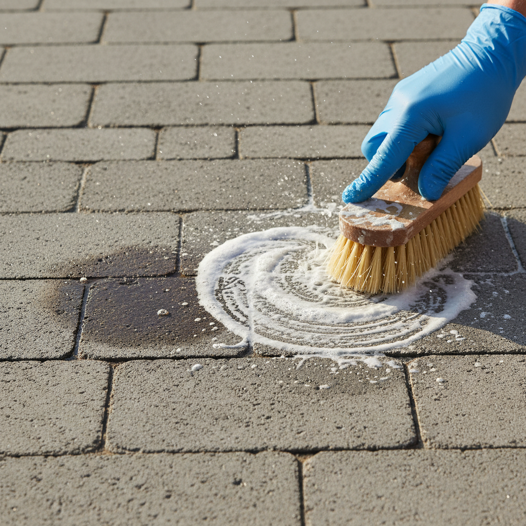 A professional, close-up photo showcasing a section of outdoor stone patio slabs. The scene highlights a stubborn, dark oil stain on one part of a grey paver. Adjacent to it, a hand (wearing a generic glove or clean bare hand) is actively scrubbing another section of the stone with a stiff-bristled brush, applying a visible, thick white paste (representing a baking soda or natron mixture). Drops of water are visible as part of the cleaning process, suggesting transformation. The surrounding pavers are clean and well-maintained, emphasizing the 'before and after' effect of the cleaning effort.