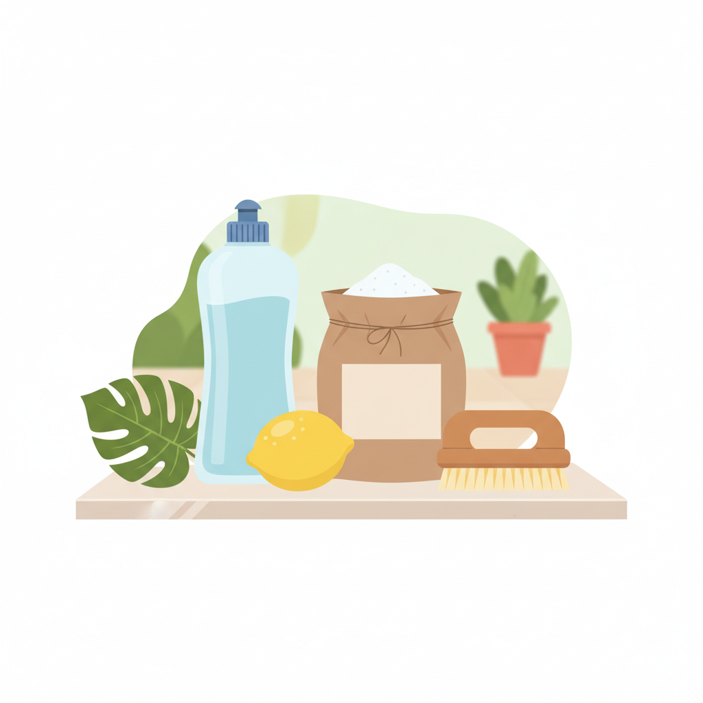 A clean and bright flat illustration depicting various common household items arranged neatly on a smooth, light-colored stone slab, suggesting readiness for cleaning. Featured items include a bottle of liquid dish soap, an open box or bag of baking soda, a whole lemon, and a small, soft-bristled scrubbing brush. A small green plant or leaf is subtly placed nearby, symbolizing the eco-friendly aspect of home remedies. The background provides a subtle hint of an outdoor patio or garden setting without being distracting. The overall style is modern and infographic-like, conveying simplicity and natural solutions.