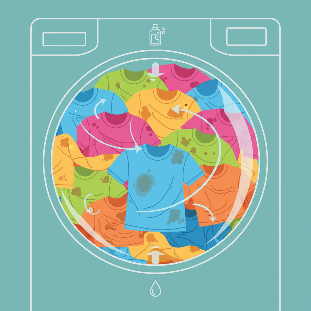 A visually engaging, flat illustration depicting an overloaded washing machine drum. The drum is packed tightly with various brightly colored t-shirts, some appearing slightly dingy or with faint, unresolved stains. Clothes are jammed against each other, leaving no space for movement. Subtle motion lines or arrows indicate restricted water and detergent flow, highlighting the inefficiency of the wash cycle due to overcrowding. The overall scene should convey a sense of 'too much stuff, not enough clean' with a clean, modern aesthetic.