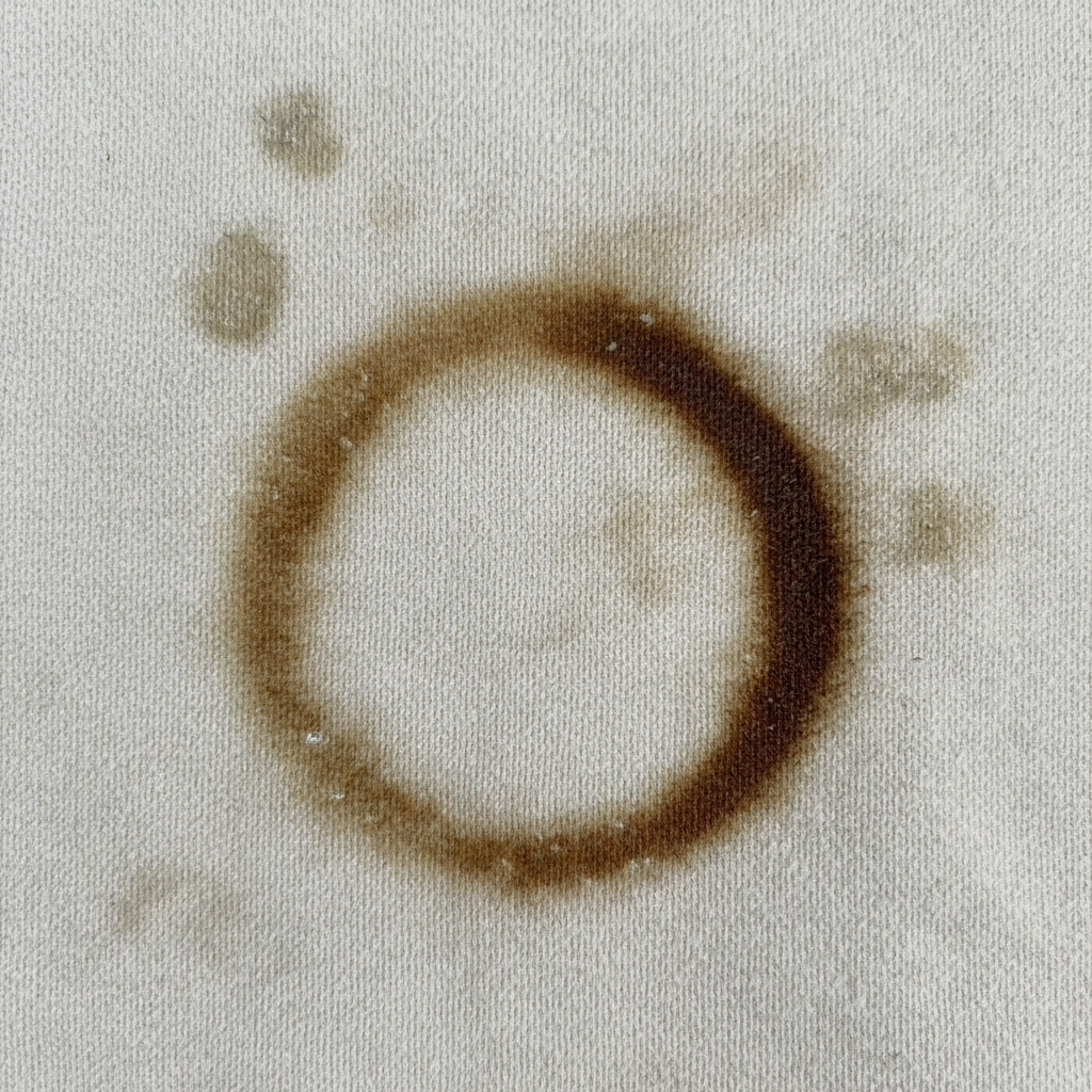 A professional, close-up photograph or realistic digital painting of a white or light-colored T-shirt fabric. A prominent, dried-in stain (e.g., a coffee ring or grease mark) is clearly visible, appearing stubborn and partially set into the fibers. The stain should look deeply embedded and resistant, creating a sense of frustration. The texture of the fabric should be clear, emphasizing the persistent nature of the mark, suggesting it went through a wash cycle without proper pre-treatment and is now 'fixed' into the material.