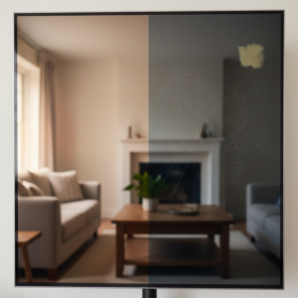 A professional photo capturing a modern, thin-bezel TV screen. The image is split conceptually: one side of the screen is perfectly clean and pristine, showing a clear, high-resolution reflection of a cozy living room. The other side, however, reveals the subtle damage caused by improper cleaning methods – faint, fine scratches are visible, along with a few streaky smudges and perhaps a very slight, barely perceptible discoloration in one area. The overall lighting should be soft, highlighting the contrast between the damaged and undamaged sections, emphasizing the fragility of modern display technology. The focus should be on the screen surface itself.