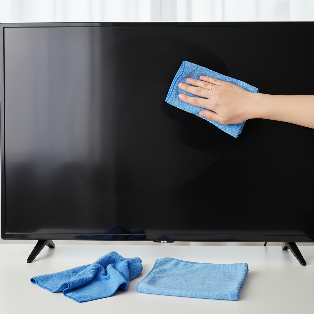 A bright and professional photo showing the correct tools for TV screen cleaning. In the foreground, two pristine, fluffy microfiber cloths are neatly folded or slightly uncreased, ready for use. One cloth appears slightly dampened (without showing liquid), while the other is clearly dry and ready for polishing. In the background, a large, turned-off, dark TV screen is partially visible, and a hand, holding one of the microfiber cloths, is gently wiping a small, visible section of the screen, leaving a perfectly clean and streak-free path. The overall aesthetic should be clean, minimalist, and convey a sense of gentle care and precision.