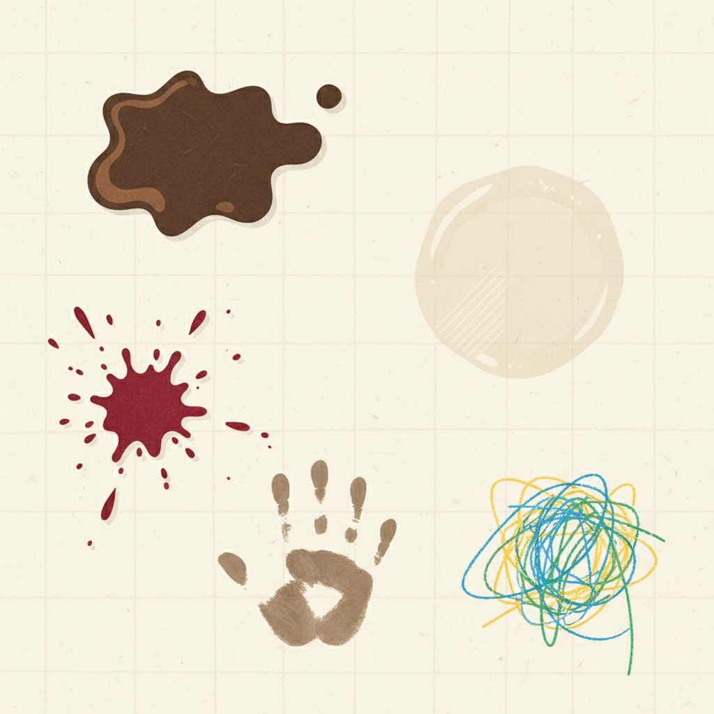 A visually engaging composition depicting a section of a textured, light-colored wallpaper wall. Scattered across the wall are various common household stains, clearly distinguishable from each other: a dark brown coffee spill, a vivid red wine splash, a translucent greasy smudge, a dirty handprint, and a child's colorful crayon scribble. The overall scene should convey the challenge of dealing with multiple types of blemishes. Style: Bright, clean flat illustration with subtle textures, suitable for a helpful guide.