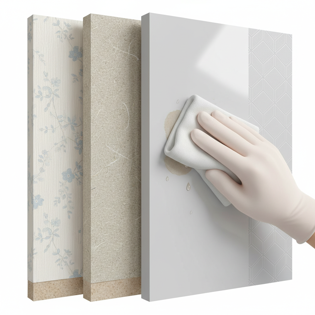 A close-up, cutaway illustration of three distinct wallpaper layers on a wall section, clearly showing their different textures and compositions. One section could represent delicate paper wallpaper, another robust non-woven, and a third smooth, washable vinyl wallpaper. Adjacent to these, a gentle hand, wearing a protective glove, carefully dabs a small, indistinct stain on one of the wallpaper types with a soft, damp cloth. The scene emphasizes careful identification and cleaning. Style: Informative diagrammatic illustration with a professional, clean aesthetic.
