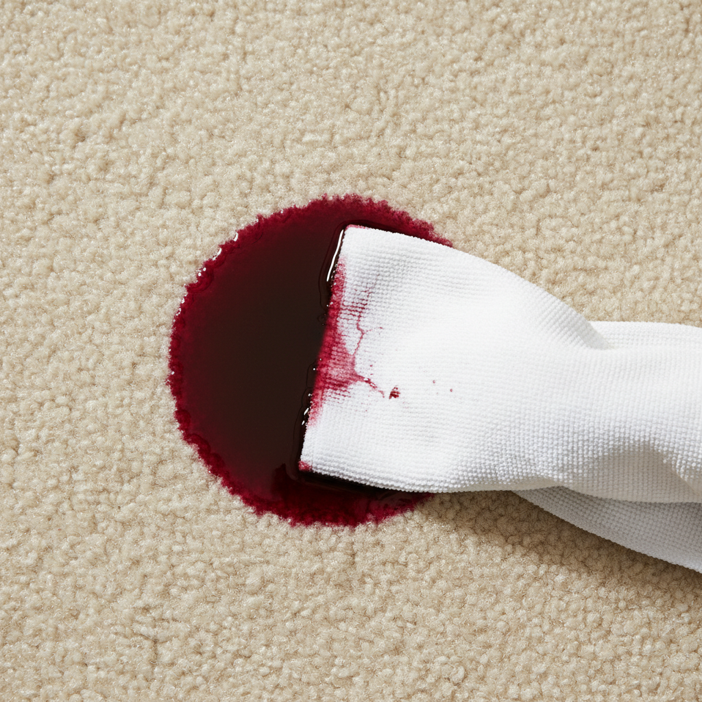 A close-up, top-down professional photo of a light-colored, short-pile carpet with a fresh, vibrant red wine spill. A clean, white microfibre cloth is gently dabbing the edge of the spill, showing the liquid being absorbed without smearing it. The scene conveys immediate, careful action in a brightly lit environment. Focus on the texture of the carpet and the absorbency of the cloth, highlighting the contrast between the liquid and the dry fabric. No hands visible, only the cloth interacting with the stain.