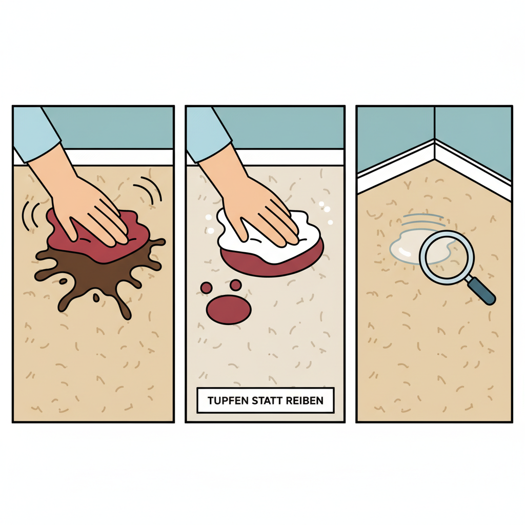 A clean, multi-panel flat illustration depicting the 'Grundlegende Regeln' of stain removal. Panel 1: A hand incorrectly scrubbing a coffee stain on a carpet, showing the stain spreading. Panel 2: The same hand gently dabbing a fresh spill (e.g., wine or juice) with a clean cloth, illustrating 'Tupfen statt Reiben'. Panel 3: A small, inconspicuous corner of the carpet with a tiny, barely visible test spot of cleaner. Use clear lines and a friendly, informative color palette. No human faces or text elements.