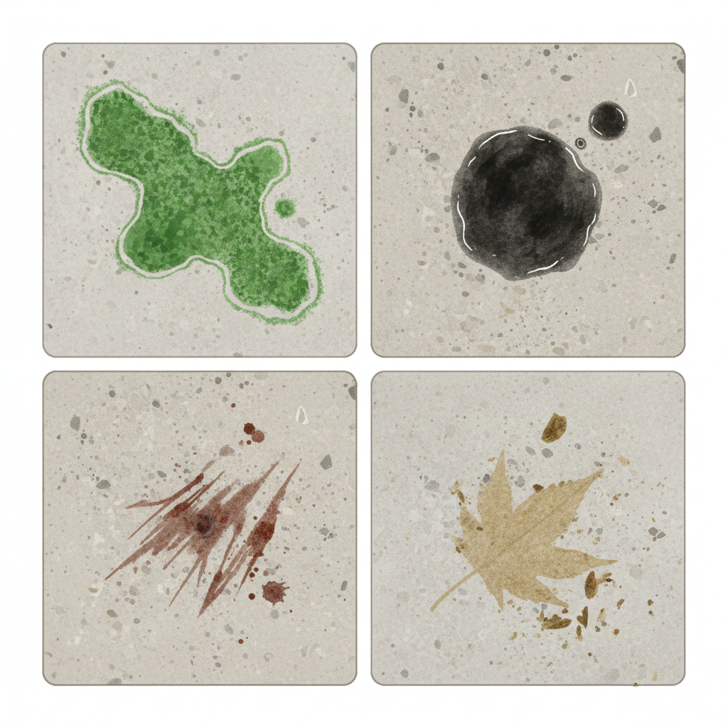 A detailed, high-resolution flat-lay illustration or photo showcasing various common stains on different neutral-toned patio slab sections (e.g., light grey concrete or natural stone). Each section clearly displays a distinct stain type: one with bright green algae/moss, another with a dark, oily grease spot, a third with a reddish-brown rust mark, and a fourth with a faded, irregular leaf stain. The composition should be clean and visually organized, highlighting the variety of outdoor blemishes without being overly busy.