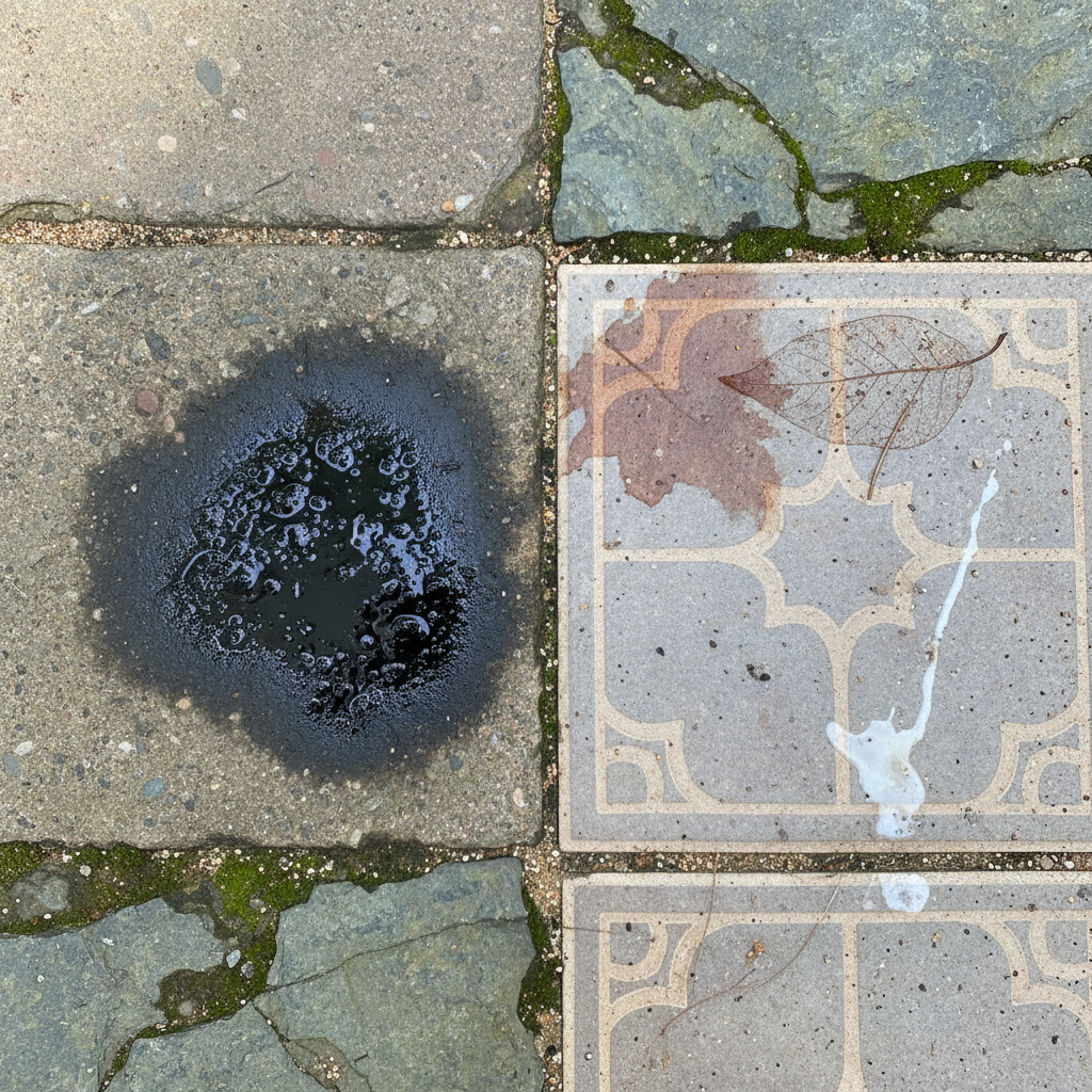 A close-up, professional overhead photograph of a section of diverse patio slabs, showcasing common types of dirt and stains. On one concrete slab, a dark, prominent oil stain is visible. Adjacent to it, a natural stone slab exhibits patches of vibrant green moss and algae growing in the crevices. Further along, a ceramic tile has a reddish-brown stain from decaying leaves, alongside a faint, dried spill mark. The image should vividly convey the unkempt appearance of a patio requiring attention, with clear textures of the various materials, under natural lighting.
