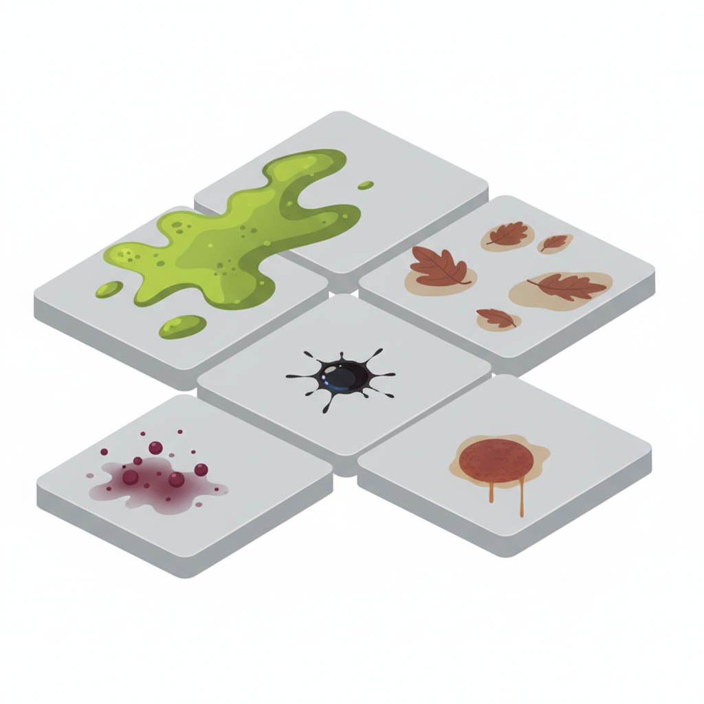 A clean, modern flat illustration presented with a slight isometric perspective, showcasing various common stain types on patio slabs. A vibrant green, organic-looking patch of algae and moss visibly spreads across one section of a neutral-toned slab. Adjacent to it, stylized brown leaf shapes leave subtle discolored marks on another. A small, dark, glistening droplet represents an oil stain, seeping slightly into a third slab. The illustration should effectively categorize different common patio contaminants in an easy-to-understand visual manner, without any text or labels.
