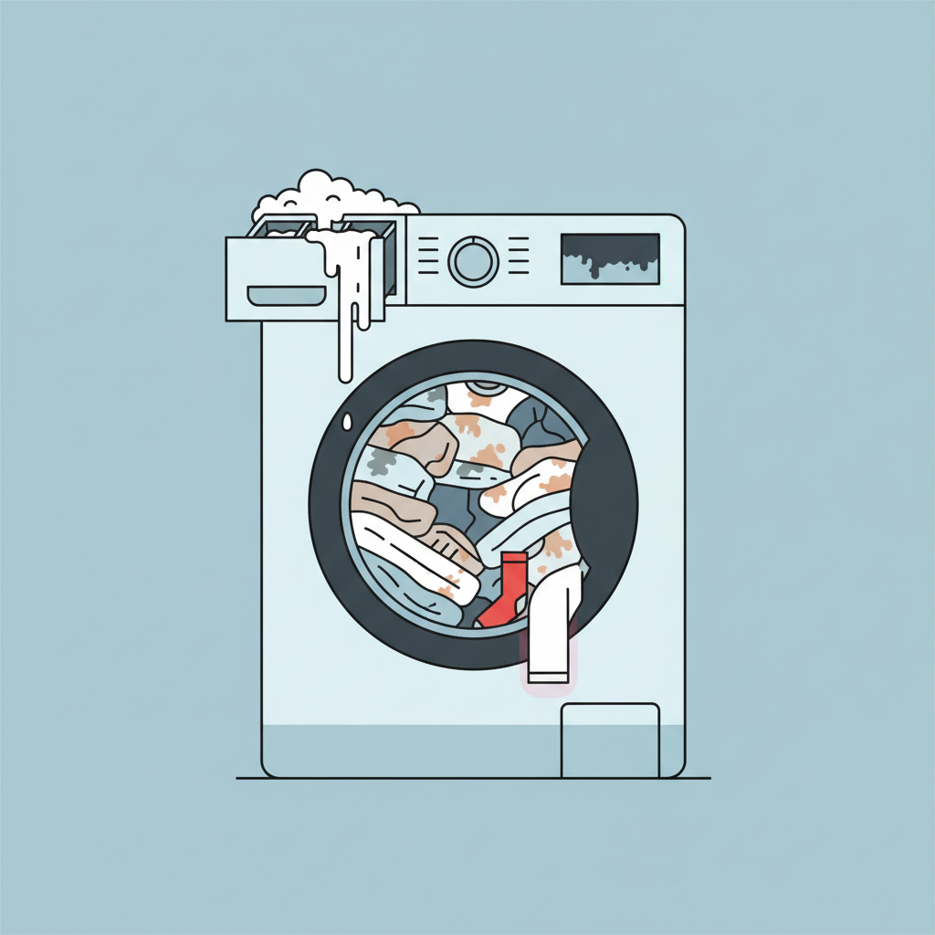 A detailed, flat illustration depicting common causes of stains on laundry after washing. The scene shows a simplified cross-section of a washing machine. Inside the drum, a pile of clothes appears slightly discolored with faint marks. The detergent drawer is slightly open, with visible excess detergent spilling over. The drum is clearly overloaded with garments, indicating insufficient space. Around the rubber door seal, subtle dark grime or residue is visible. A vibrant red sock is subtly touching a white t-shirt, hinting at color transfer. The overall style is clean, modern, and informative.