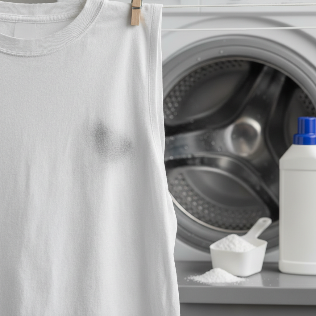 A professional, bright photograph capturing a moment of discovery: a pristine white t-shirt, hanging to dry or just pulled from a laundry basket, is marred by a noticeable, fresh grey smear or discoloration near the collar. The focus is sharp on the stained garment, highlighting the imperfection. In the softly blurred background, elements hinting at prevention are visible: a sparkling clean washing machine drum, a perfectly measured scoop of powdered laundry detergent, and possibly a bottle of laundry additive, suggesting proper care and usage. The lighting is clean and soft, creating a slightly frustrating yet solvable mood.