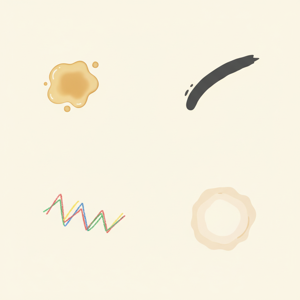 A clean, light-colored wall section, dynamically showcasing various common household stains. One area depicts a greasy splat, another a colorful crayon mark, a third a dark shoe scuff, and a fourth a subtle water stain with a slightly darker edge. The background wall is pristine, offering a clear contrast to the individual dirty spots, illustrating the problem of wall stains before any cleaning has begun. Style: Clean, minimalist flat illustration with a soft, inviting color palette.