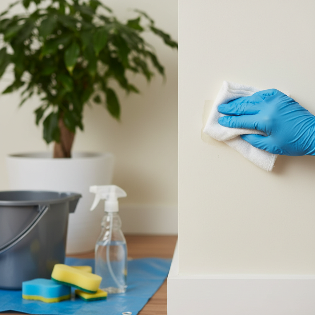 A close-up, professional photo capturing the essential preparation steps for wall stain removal. A person's gloved hand gently dabs a small, inconspicuous spot on a painted wall with a microfiber cloth dipped in a clear liquid, emphasizing the 'test an unnoticeable area' instruction. In the foreground, out of focus, a collection of relevant cleaning tools are visible: a bucket, soft sponges, a spray bottle, and a protective sheet on the floor. Style: Bright, realistic professional photo with a shallow depth of field.