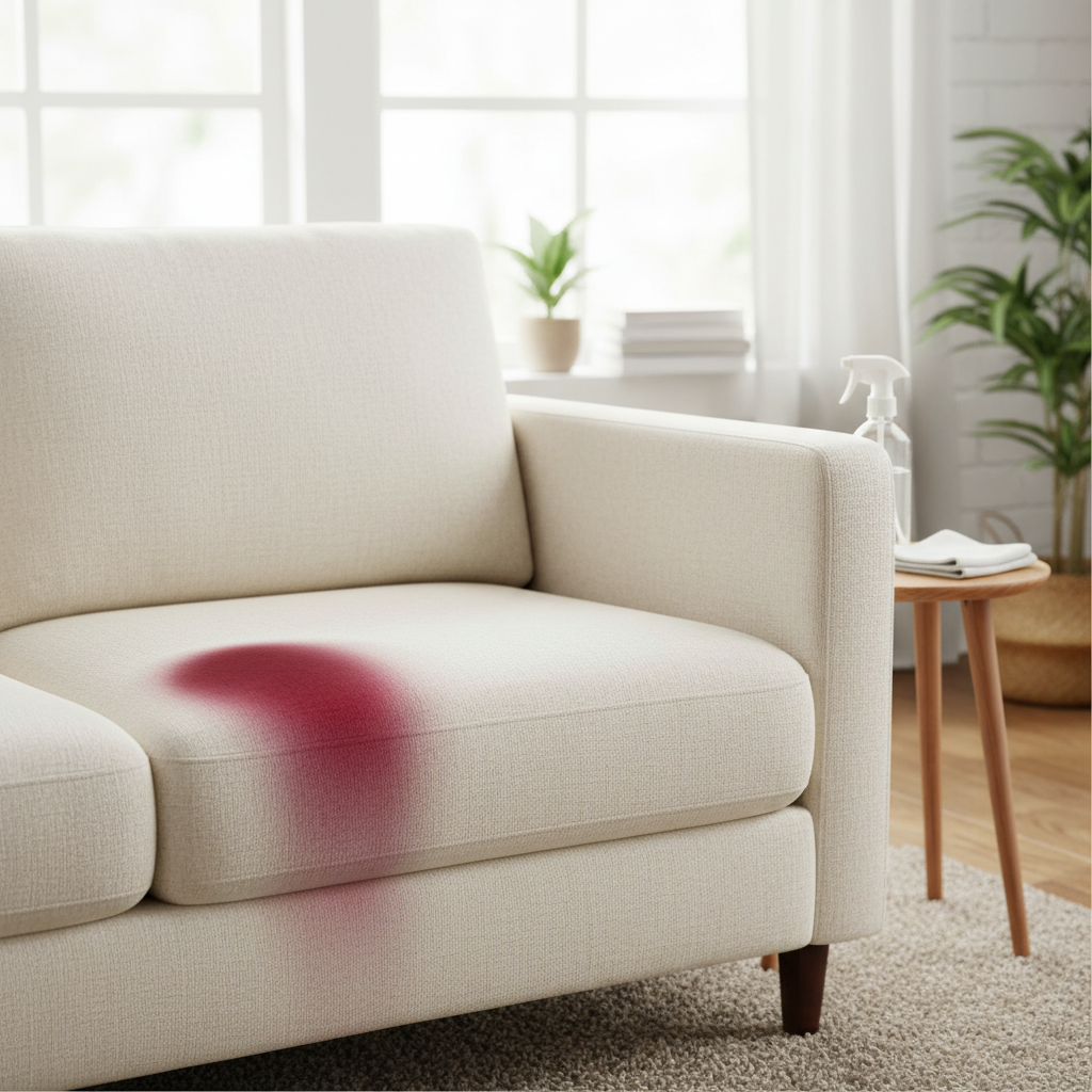 A vibrant, professional photo capturing a cozy living room scene. The central focus is a stylish, light-colored fabric sofa. On one cushion, a realistic, dark red wine stain is clearly visible, spreading slightly. Adjacent to this, a perfectly clean and pristine section of the same sofa is depicted, subtly gleaming to signify its restored state. In the background, a soft, inviting ambiance with natural light. A generic spray bottle and a clean white microfibre cloth are positioned neatly on a small side table, implying the tools for the cleaning process. The image should convey both the common problem and the successful solution.