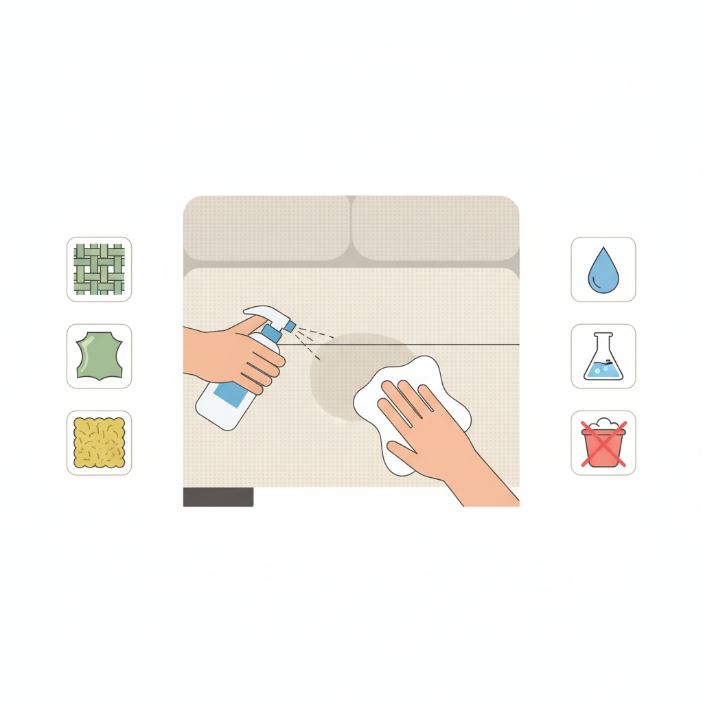 A clear, modern flat illustration in an infographic style. The main element is a close-up section of a sofa, focusing on an inconspicuous area like a hidden seam or underside. A generic hand holds a small spray bottle, applying a testing liquid to the fabric. Another hand gently dabs the spot with a clean, white cloth, checking for color transfer or texture change. Surrounding this central action, small, distinct illustrative icons represent various sofa materials (e.g., woven fabric texture, smooth leather, soft velvet pile). Additionally, simple graphic symbols indicating cleaning methods are present, such as a water droplet icon, a chemical bottle icon, and a crossed-out bucket icon, representing different care instructions. The overall aesthetic should be clean, informative, and easy to understand visually.