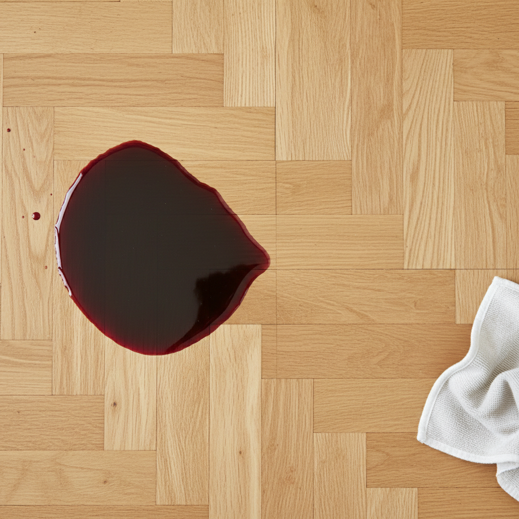 A professional, bright photo of a light-colored oiled parquet floor. On one side of the image, there is a fresh, visible dark liquid spill (e.g., coffee or red wine) creating a prominent stain on the wood surface. On the other side of the image, the exact same area of the parquet floor is perfectly clean and restored, showing its natural wood grain and subtle sheen. A generic soft cleaning cloth or sponge could be subtly placed near the pristine area, hinting at the cleaning process. The focus should be on the striking contrast between the stained and clean wood, emphasizing effective stain removal.