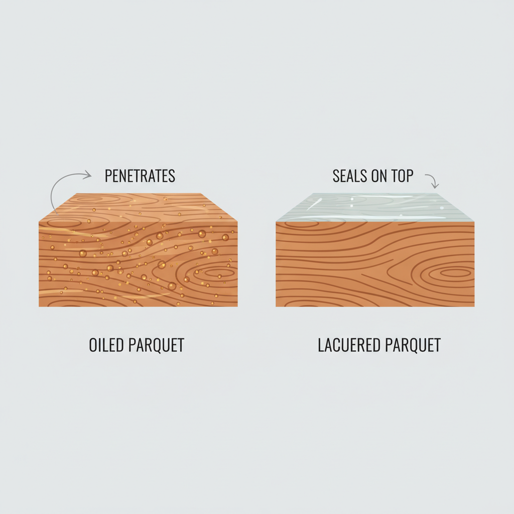 A clear, clean infographic-style illustration depicting the structural difference between oiled and lacquered wood flooring. The image should feature two stylized cross-sections of wood planks presented side-by-side. The left plank, representing 'oiled parquet,' shows natural wood fibers with small, subtle droplets or particles appearing to penetrate deep into the wood's pores and saturate the interior. The right plank, representing 'lacquered parquet,' displays a distinct, smooth, clear protective layer sitting visibly on top of the wood surface, forming a barrier rather than penetrating. Use a warm, natural color palette for the wood and contrasting, transparent colors for the treatments.